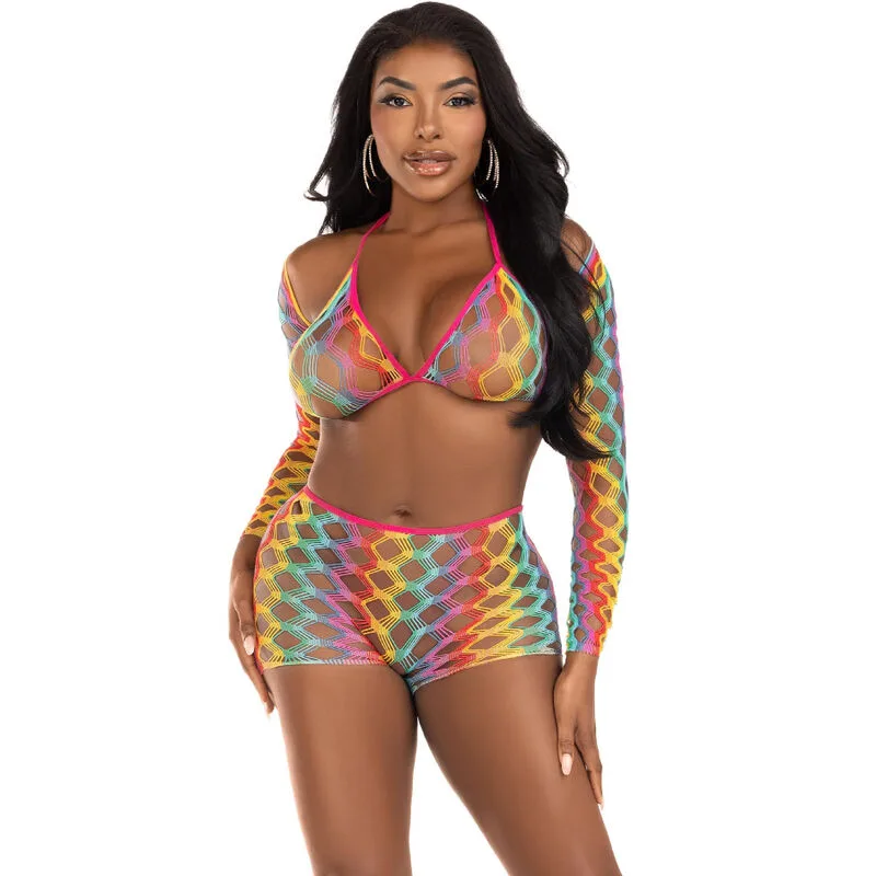 Leg Avenue - Regnbågsfärgat Tre-Delat Lingerieset med Bh-Top, Bolero & Mesh-Shorts