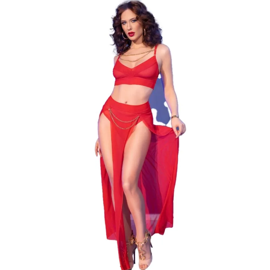 Chilirose CR 4850 Röd och Guld Lingerietopp & Leggings Set – Storlek S