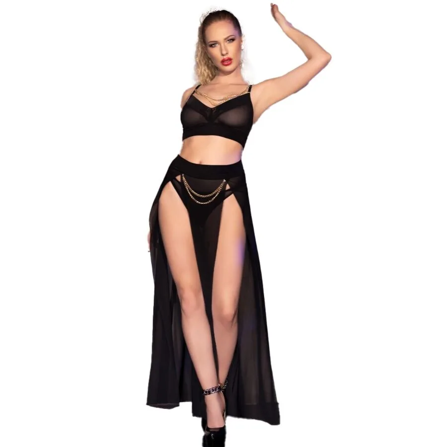 Chilirose CR 4672 Svart Lingeriset med Guldkedjedetaljer – Topp, Kjol & Tanga (Storlek S)
