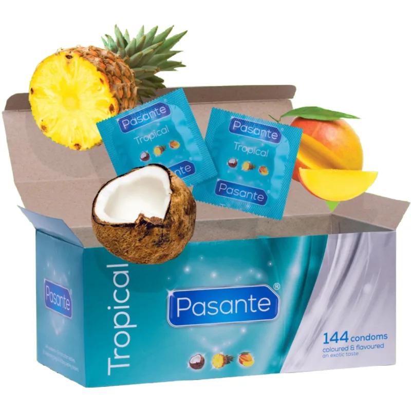 Pasante Tropiska Smaksatta Kondomer – Mango, Ananas & Kokos – Storpack med 144