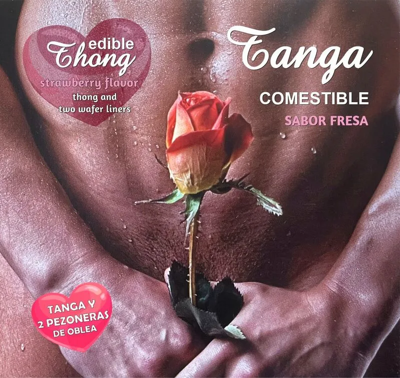 Hotflowers - Ätbar Stringtrosa för Män & 2 Jordgubbssmakande Ätbara Bröstvårteoblater | Noveltypaket för Par