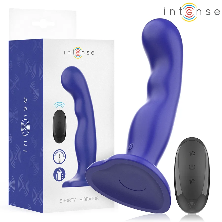 Intense - Shorty Texturerad Vibrator med Sugkoppsbas & Trådlös Fjärrkontroll | Blå