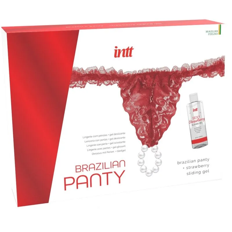 INTT Brazilian Röd Spets Pärlstimulerings-Tanga med Jordgubbsglidmedel på Vattenbasis 50 ml